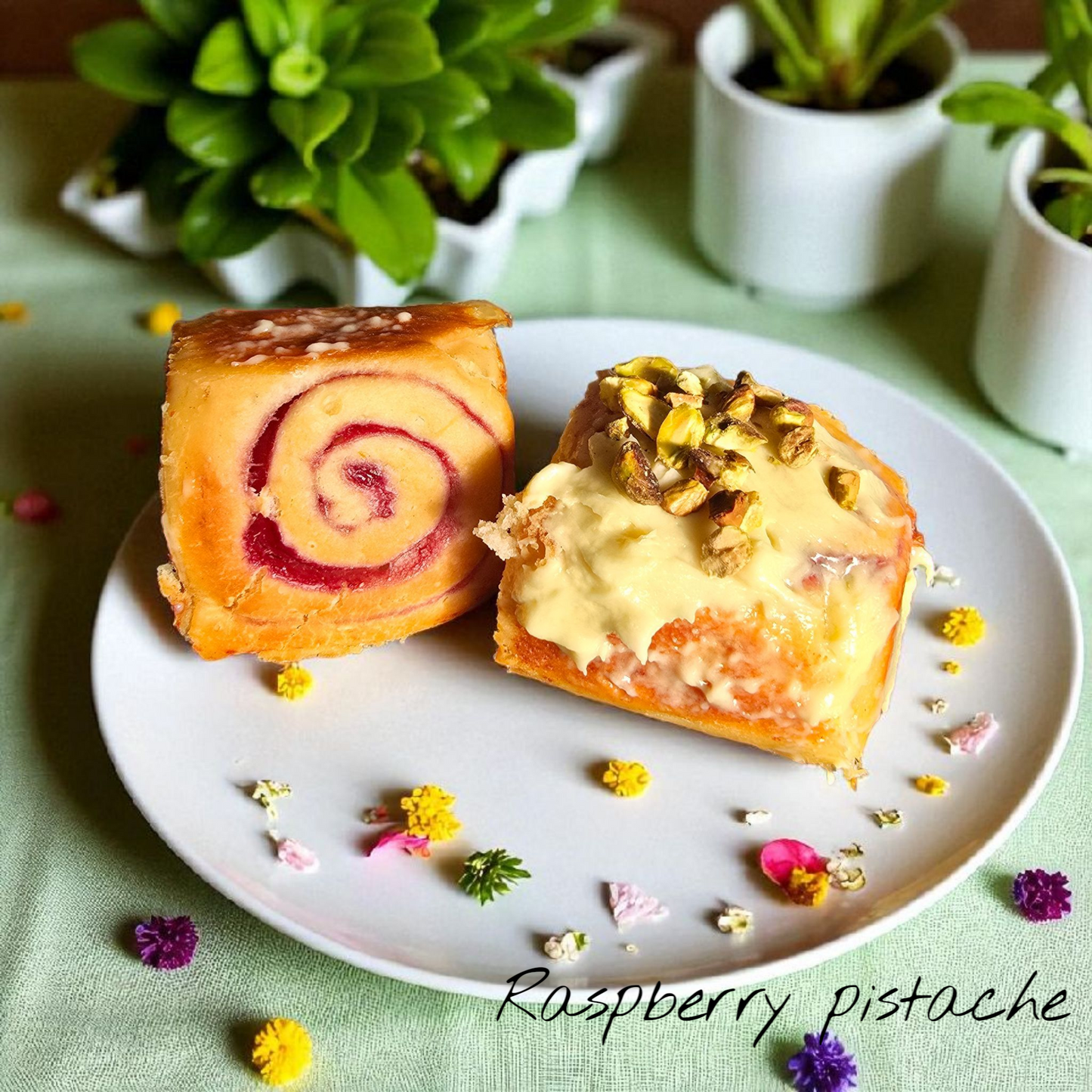 Raspberry pistachio rolls